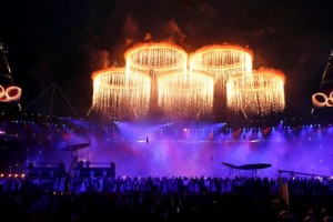 London 2012 Opening Ceremony Olympic rings aglow