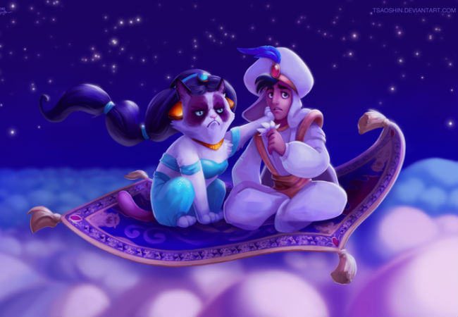 "A Whole New No" - Grumpy Cat joins Aladdin on his magical flying carpet ... and clearly isn't happy about it (image via laughingsquid.com (c) TsaoShin aka Erik Proctor)