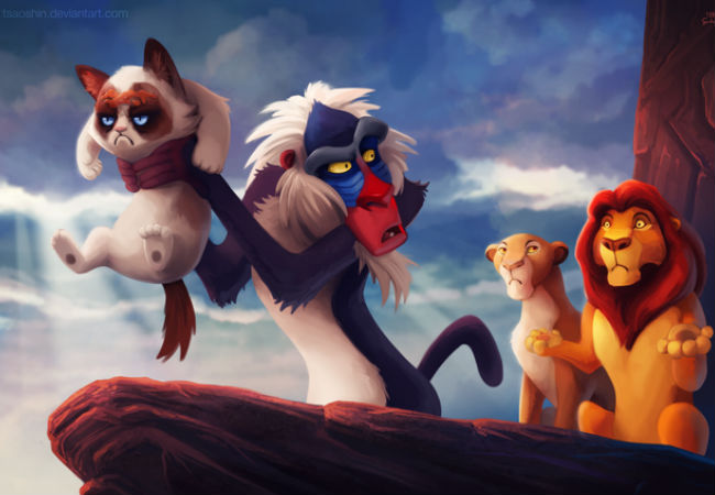 The Circle of No ... Grumpy Cat has little time for the inspiring tale of The Lion King (image via laughingsquid.com (c) TsaoShin)