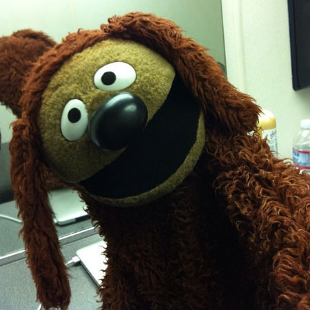 Rowlf the Dog, paw extended in typical selfie fashion, greeting The Muppets many Instagram followers with "What's up dogs? #LOL" (image via The Muppets official Instagram account (c) Disney)