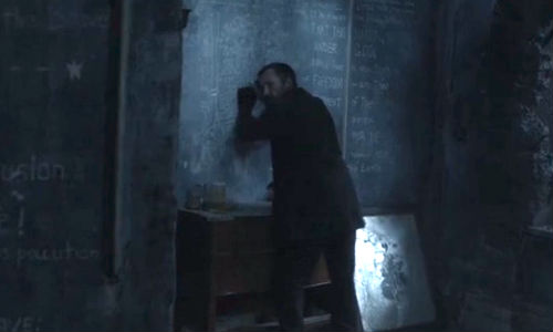 Supposedly trapped in his cell scratching the Gettysburg Address into the chalky walls, Tom is in fact The Ghost, a symbol of ballsy, motorcycle-riding resistance who ventures out each night to collect intel and hopefully free the ghetto's inhabitants (image via The Insightful Panda (c) TNT)