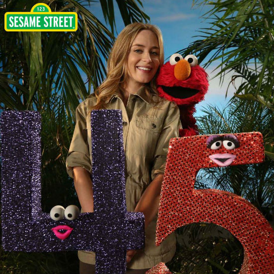 Emily Blunt helps Elmo and the Sesame Street celebrate 45 years of delightfully eduicating the children of the world (image via official Sesame Street Facebook page (c) Children's Television Workshop)