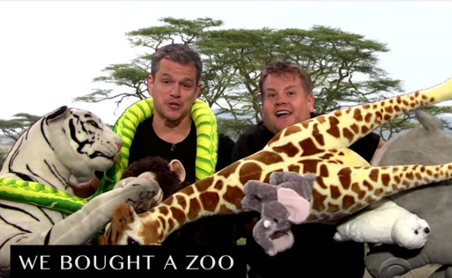 Matt Damon and James Corden bought a zoo ... and robbed a casino ... and played soccer in South Africa and ... (image (c) The Late Late Show)