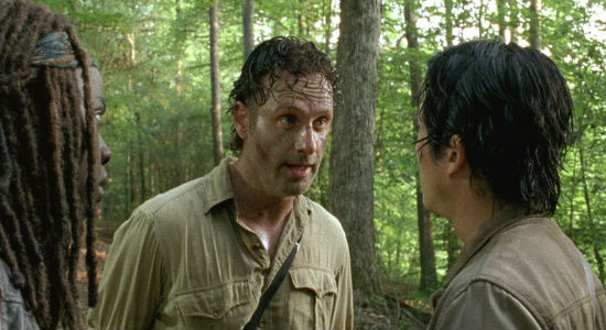 Rick plays a mean game of "Lifeboat" with the Alexandrians instructing Glenn and Michonne to not be sentimental with their new townsfolk, an instruction both quite roundly ignore (image via and (c) AMC)