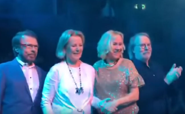Björn Ulvaeus, Anni-Frid Lyngstad, Agnetha Fältskog, and Benny Andersson together again for the first time since 2008 (image via YouTube)