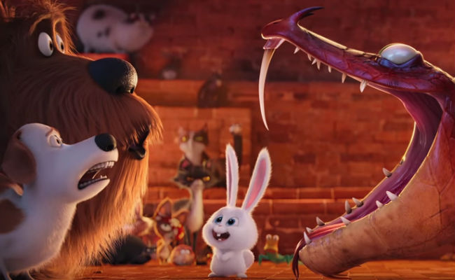 Snowball initiates two more rescued pets into a secret animal society ... but um what does it involve exactly? (image via YouTube (c) Illumination)