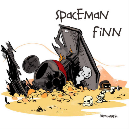 The intrepid spaceman Finn crash lands on the mysterious planet of jakku. #calvinandhobbes #starwars #spacemanspiff (copy and art (c) Brian Kesinger)