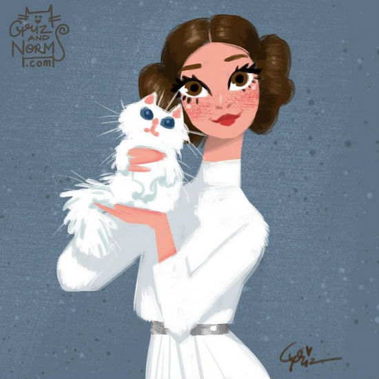 Princess Leia with her kitteh in white (c) Griz and Norm Lemay via Laughing Squid)