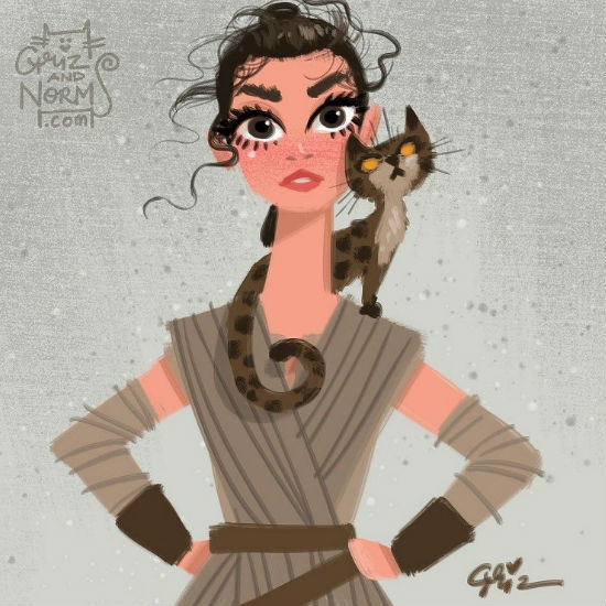 Rey and her kitteh mean business! (c) Griz and Norm Lemay via Laughing Squid)