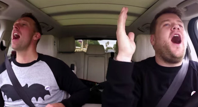 Chris and James sing their  Carpool Karaoke hearts out (image via YouTube (c) The Late, Late Show)
