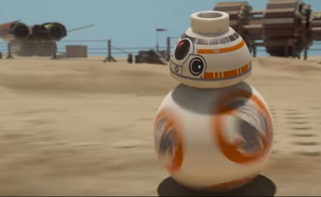BB8 speeds along until, well, he does not (image via YouTube (c) LEGO/Disney)