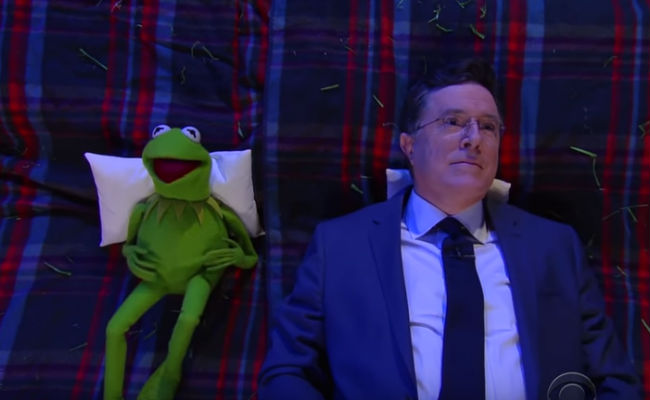 Kermit and Stephen Colbert ponder life, the universe and suitcase wheels (image via YouTube (c) The Late Show with Stephen Colbert)