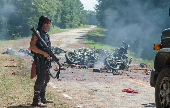Daryl ends up deciding that playing Will I kill ya, won't I kill ya?" with Negan's motorcycle-riding lieutenants is pretty tiresome and blows them all to kingdom come (image courtesy AMC)