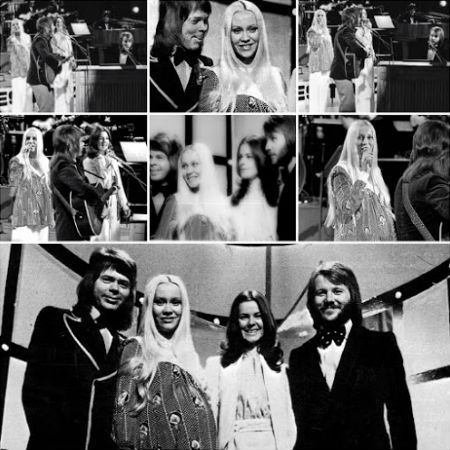 A set of shots of ABBA at the 1974 Contest where they emerged triumphant with the song "Waterloo" (image courtesy ABBA Fans Blog)