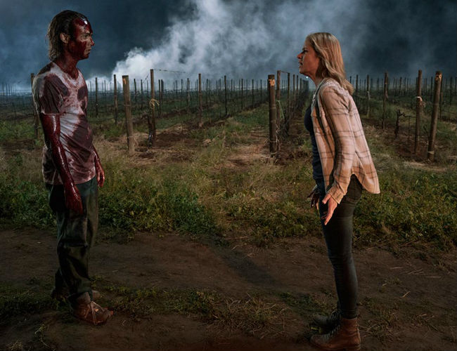 "Hey mom, I just like walking around covered in zombie guts OK? Just leave me alone will ya?" One of the weirder conversations of the apocalypse was possibly had by Nick and Madison (photo by Richard Foreman/AMC)
