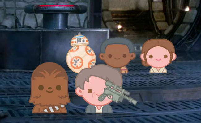 BB-8, Finn, Rey, Chewbacca and Han Solo in their more diminutive but still powerfully emotive emoji forms (image via YouTube (c) Disney)