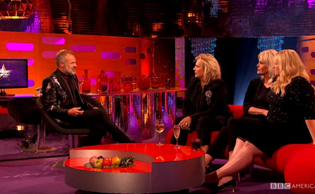 Jennifer Saunders and Joanna Lumley (with Rebel Wilson) discuss their uncomfortable first meeting with host Graham Norton (Image via YouTube (c) BBC America)
