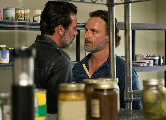 Negan comically glowers ... Rick recoils ... rinse and repeat ad nauseum (image courtesy AMC)